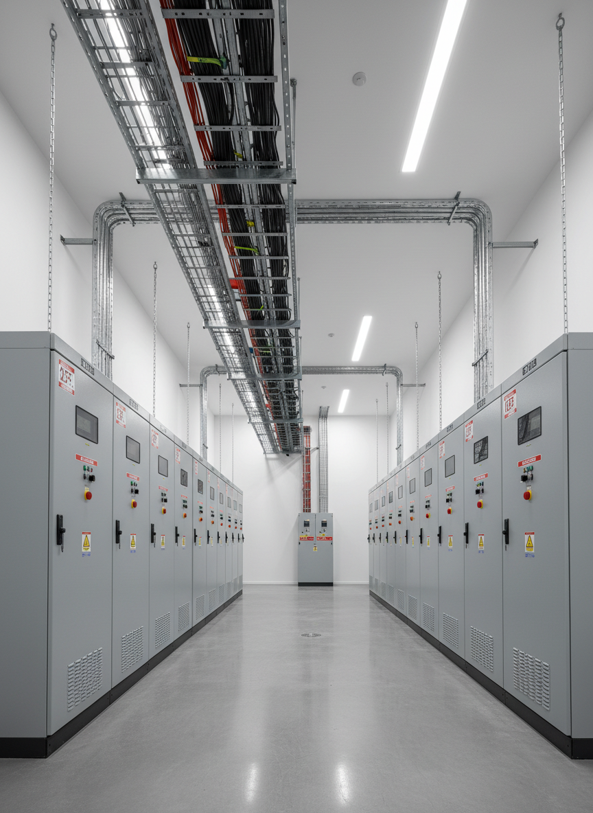 A well-organized commercial electrical room with rows of industrial-grade gray metal panels, conduit runs bending cleanly at right angles, and neatly bundled cable trays suspended from the ceiling. The walls are painted bright white, and the polished concrete floor subtly reflects the equipment. Overhead LED strip lights cast a neutral, even illumination, reducing shadows and highlighting the clarity and order of the installation. Shot from a slightly low, wide-angle perspective, the image emphasizes depth and the scale of the commercial infrastructure. The mood is highly professional, reliable, and technically sophisticated, with photographic realism and a crisp, modern aesthetic that underscores expert commercial electrical services and rigorous safety standards.