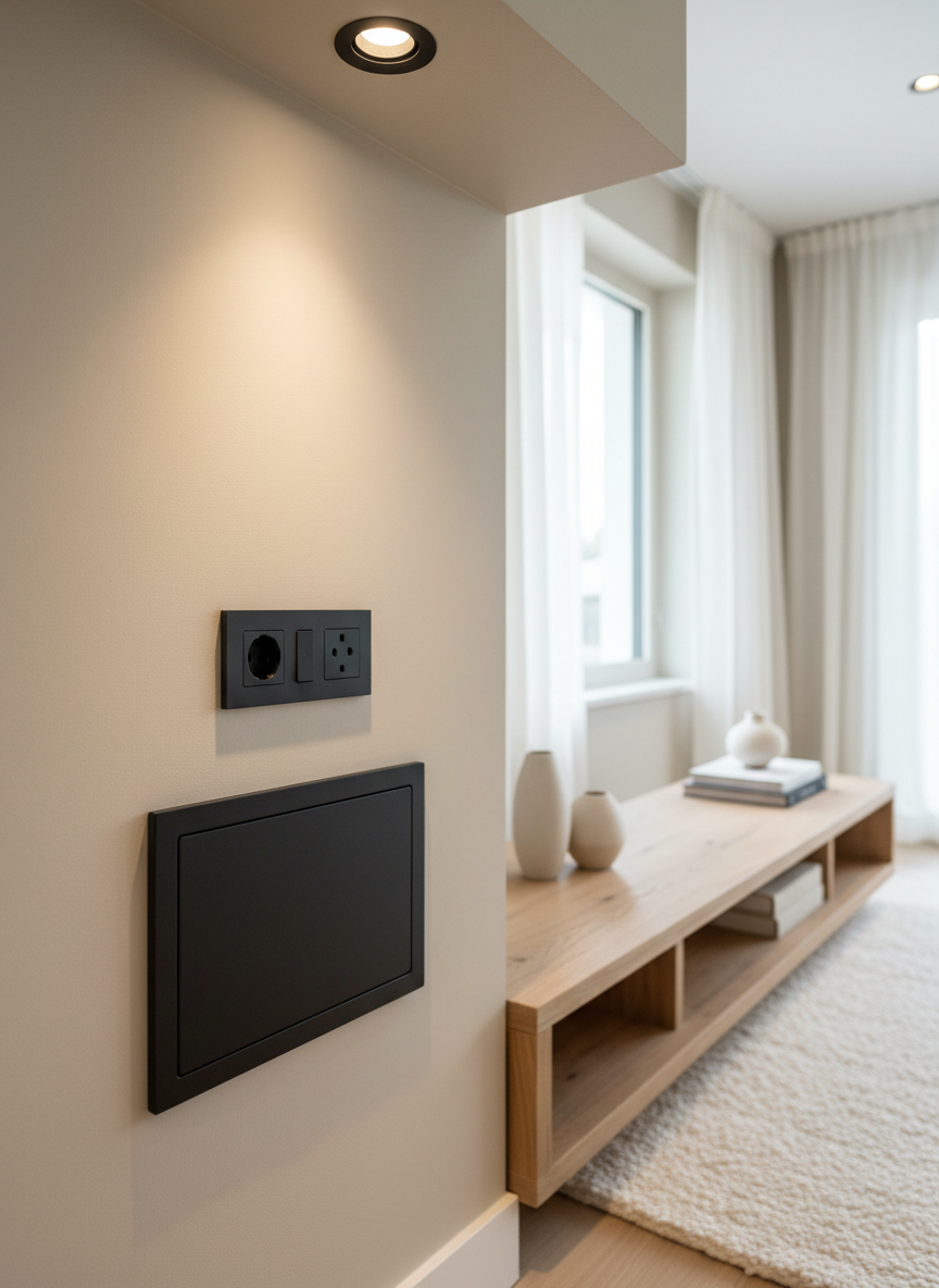 A cozy living room scene focusing on a newly installed matte-black wall-mounted TV outlet and concealed cable management box set against a smooth, light beige wall. Below, a slim wooden media console with a natural grain finish sits on a soft, neutral-colored rug, while a pair of recessed LED downlights illuminate the area with warm, even light. In the distance, a large window casts diffused daylight, creating a gentle gradient across the wall. Photographed from a slightly angled, close-up perspective with a shallow depth of field, the outlet and precise wall cutout are in sharp focus while the furnishings softly blur. The atmosphere is calm, orderly, and refined, using photographic realism to highlight discreet, high-quality residential electrical upgrades and no-job-too-small service.