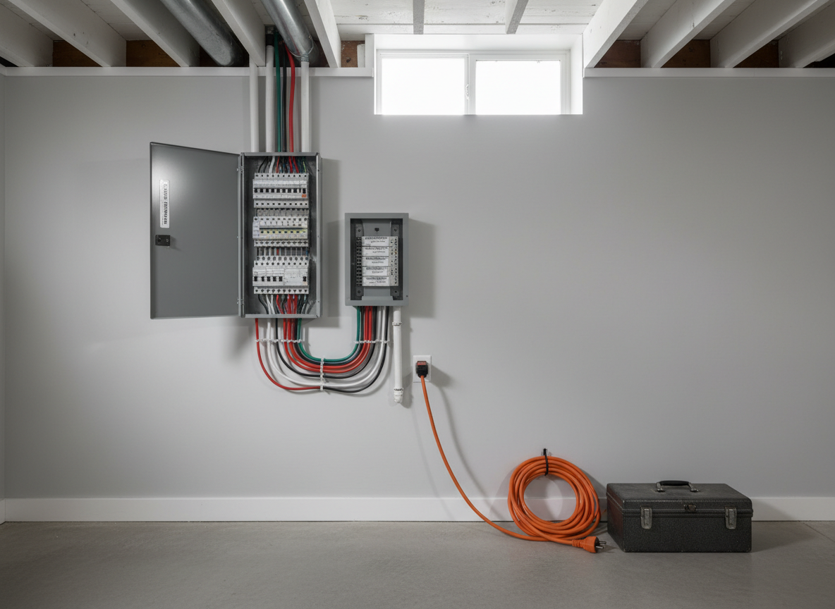 A tidy residential electrical panel with neatly labeled breakers and precisely routed colored wires mounted on a clean, light-gray basement wall. Nearby, a coiled orange extension cord and a closed metal toolbox rest on a smooth concrete floor, with white-painted joists visible above. Cool, diffused daylight enters from a high basement window, creating soft highlights on the panel’s metal door and casting gentle, orderly shadows. Photographed at eye level with sharp focus throughout, the composition uses the rule of thirds to emphasize organization and safety. The mood is professional, reliable, and reassuring, with photographic realism and a clean, modern aesthetic that reflects a meticulous, registered electrician’s work.