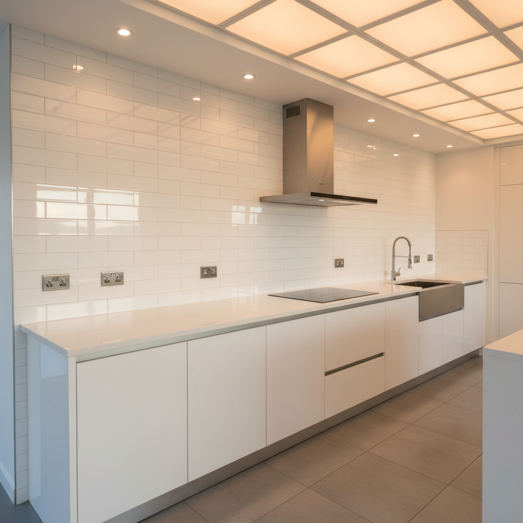 A bright, modern kitchen showcasing freshly installed recessed LED ceiling lights, glossy white subway tile backsplash, and brushed stainless-steel outlets aligned perfectly along the counter. Smooth quartz countertops reflect the warm, even glow from the lighting, while a sleek stainless range hood and an induction cooktop add subtle reflections. Natural late-afternoon light filters through an unseen window, blending with the warm overhead illumination to create a calm, inviting atmosphere. Captured from a slightly wide, eye-level angle, the photograph maintains crisp detail from foreground to background. The style is clean, contemporary photographic realism, emphasizing quality craftsmanship and precise residential electrical installation in an upscale yet approachable home environment.