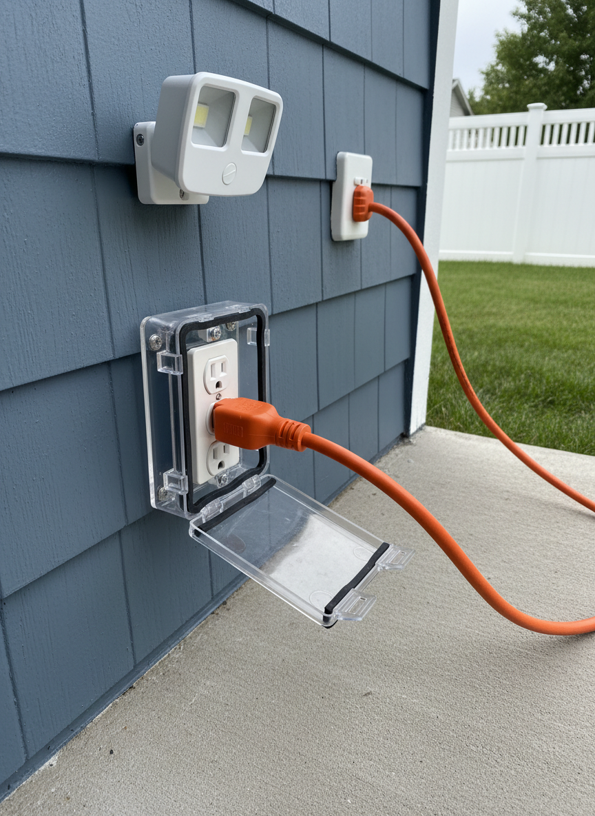 A detailed close-up of a sturdy, weatherproof exterior outlet with an in-use clear hinged cover mounted on a freshly painted blue-gray siding wall. A heavy-duty outdoor-rated extension cord plugs into the outlet and trails neatly across a clean concrete patio, with a modern motion-sensor floodlight visible higher up on the wall. Soft overcast daylight creates even, shadow-free illumination, revealing textures of the siding, rubber gaskets, and metal hardware. Shot at a slight upward angle with moderate depth of field, the outlet is sharply defined against a gently softened background of a manicured lawn and fence. The mood is practical, dependable, and safety-focused, with photographic realism that communicates attention to detail in small but important residential electrical tasks.