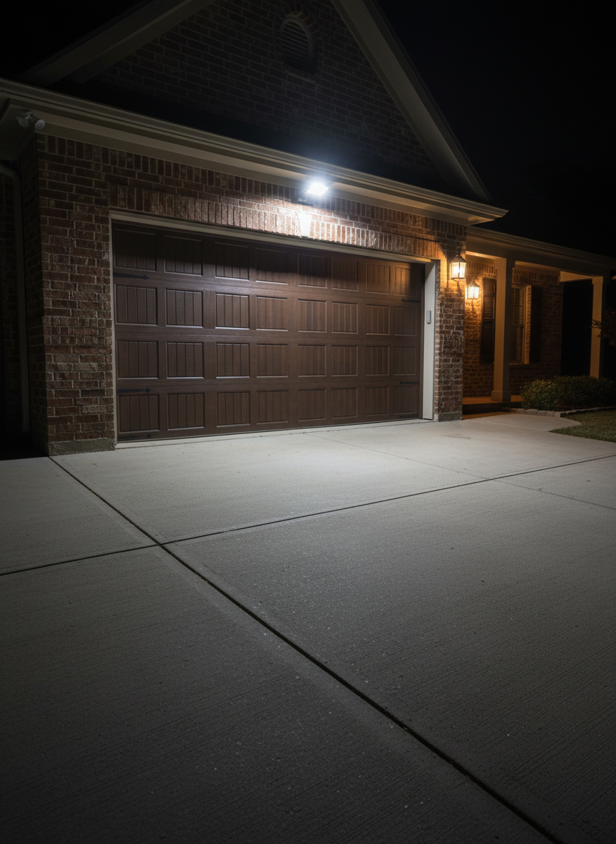 A nighttime driveway scene centered on a newly installed, energy-efficient LED security floodlight mounted under the eave of a brick home, casting a broad, bright pool of white light across a clean concrete drive and closed garage door. The bricks show crisp texture in the illumination, while the surrounding yard fades into gentle darkness. A subtle glow from a nearby porch light adds a secondary warm tone. Captured from a low, wide-angle perspective, the composition emphasizes the reach and clarity of the lighting. The mood is secure, protected, and professional, using photographic realism with high dynamic range to balance bright highlights and soft shadows, showcasing reliable exterior electrical and security lighting work.